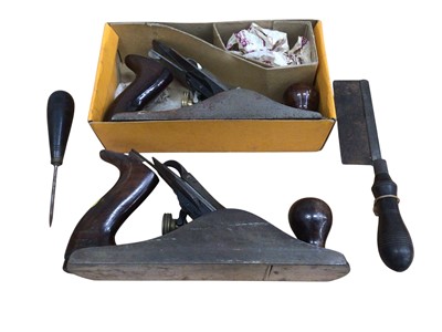 Lot 3136 - Two woodworking planes and two ebony handled tools