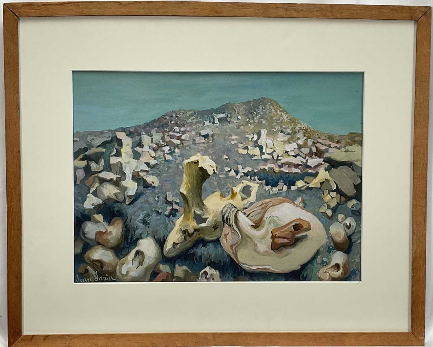 Lot 34 - Jean Janin (1898-1970) gouache, surrealist mountainscape, signed, 30cm x 40cm, glazed frame