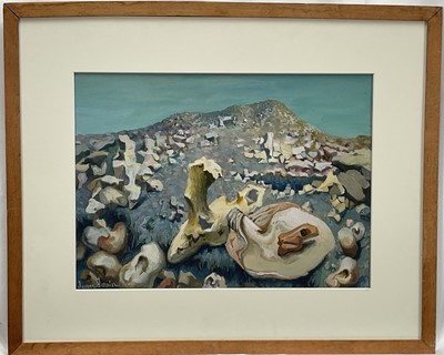 Lot 34 - Jean Janin (1898-1970) gouache, surrealist mountainscape, signed, 30cm x 40cm, glazed frame
