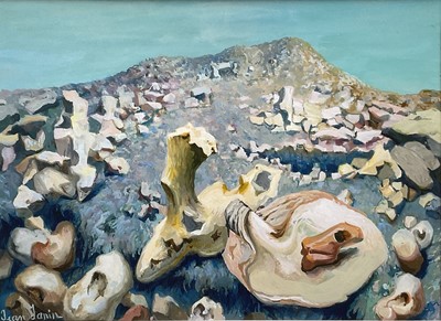 Lot 34 - Jean Janin (1898-1970) gouache, surrealist mountainscape, signed, 30cm x 40cm, glazed frame