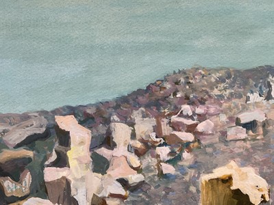 Lot 34 - Jean Janin (1898-1970) gouache, surrealist mountainscape, signed, 30cm x 40cm, glazed frame
