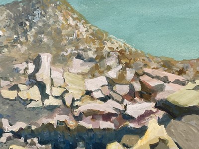 Lot 34 - Jean Janin (1898-1970) gouache, surrealist mountainscape, signed, 30cm x 40cm, glazed frame