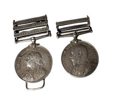 Lot 709 - Boer War pair comprising Queen's South Africa medal with three clasps- Transvaal, Orange Free State and Cape Colony, named to 3528 PTE. H. Cole. 1st. RL. Dragoons. and King's South Africa medal...