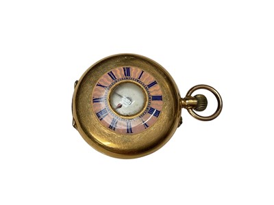 Lot 178 - Victorian 18ct gold half hunter fob watch with enamel decoration, 33mm diameter