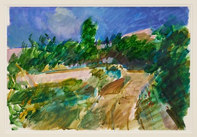 Lot 1028 - *Peter Coker (1926-2004) watercolour - Bargemon Landscape, initialled, inscribed verso an with artist's label, 38cm x 56cm, in glazed frame