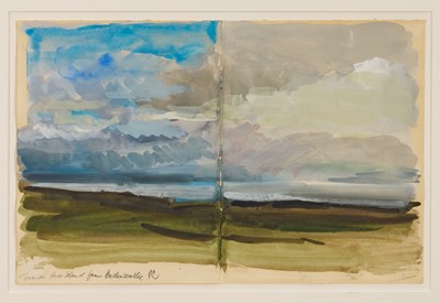 Lot 1143 - *Peter Coker (1926-2004) watercolour sketch on double page - Horse Island from Badenscallie, initialled and inscribed, 22cm x 34cm, in glazed frame