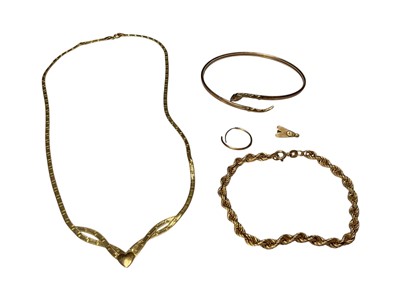 Lot 293 - 9ct gold snake bangle, 9ct gold rope twist bracelet, 9ct gold necklace and two yellow metal items
