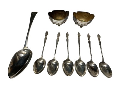 Lot 124 - Set of six Victorian silver apostle teaspoons, (Sheffield 1893), maker James Dixon & Son, Georgian silver tablespoon and pair of silver salts, (various dates and makers).