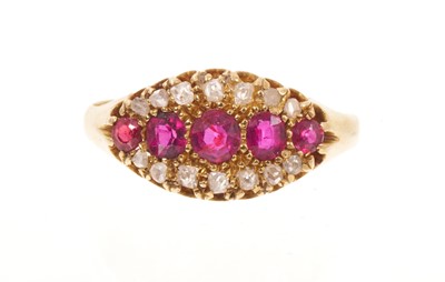 Lot 446 - Late Victorian ruby and diamond ring with five graduated mixed-cut rubies flanked by a border of old cut diamonds in 18ct gold setting