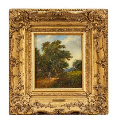 Lot 1345 - Robert Burrows (1810-1883) oil on panel - Couple at a Gate, 17.5cm x 15.5cm, in gilt frame