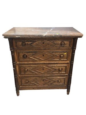 Lot 1491 - 19th century French pine and faux bamboo chest of four long drawers with rouge marble top