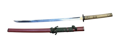 Lot 920 - Antique Japanese Katana with fine signed blade (possibly Nagahide) with bold hamon line, with unusual silvered tang, iron tsuba, red lacquered scabbard with later silk bindings . The blade 67cm...
