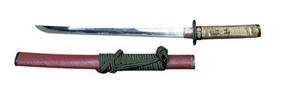 Lot 921 - Antique Japanese Wakasashi with fine signed blade (believed signed Bisu Osafune Katsumitsu circa 1570) with bold hamon line, iron tsuba and later mounts in red lacquer sheath. The blade 42cm ....