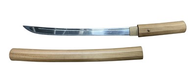 Lot 923 - Antique Wakizashi blade, believed Muromachi period (1336-1573) unsigned with Japanese provenance certificate, formerly in the collection of Prince Komatsunomiya. 36.5cm overall in wooden shirsa...