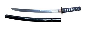 Lot 924 - Antique Japanese Wakizachi with double and single fulled blade, unsigned tang, gold and floral pierced bronze tsuba, later bound grip in black lacquered sheath. The blade 45cm