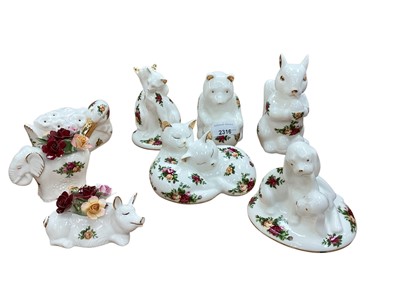 Lot 2316 - Collection of 8 Royal Albert Old Country Roses animals including Pig with flowers, Squirrel, Entwined cats etc (some boxed)