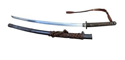Lot 928 - Second World War Japanese Officer's Katana with signed tang, 69cm blade, in regulation mounts with steel sheath with bound silk cords, with leather sword knot.