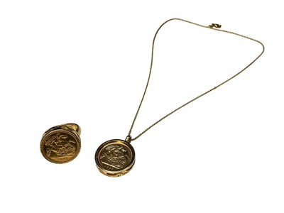 Lot 240 - Two Victorian gold half sovereigns, both 1893, one in an 18ct gold ring mount and the other in a pendant mount on 18ct gold chain