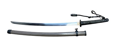 Lot 929 - Second World War Japanese Army Officer's Katana with signed tang, 67cm blade, regulation mounts with light brown painted steel scabbard , with leather dress knot.