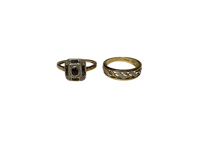 Lot 244 - 9ct gold sapphire and diamond square plaque ring, size O and 9ct gold diamond set open work design ring, size L (2)