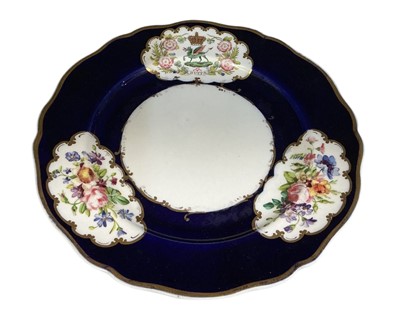 Lot 752 - Mid Victorian Royal East Kent Regiment (The Buffs), Officers' Mess dinner plate with cobalt blue border, floral panels and regimental badge, printed Coalport mark to base, 26.4cm in diameter