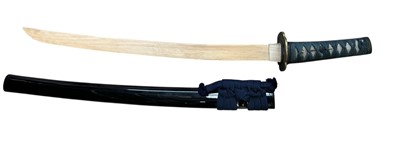 Lot 931 - 19th century Japanese Wakasashi sword mounts (full Koshirae) with wooden blade, fine gilt bronze tsuba with Samurai warrior decoration in black lacquered sheath. The wooden blade 43.5cm long