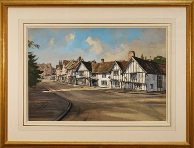 Lot 1122 - *Rowland Hilder (1905-1993) large watercolour, The Swan Hotel at Lavenham, signed, 50cm x 75cm, glazed frame