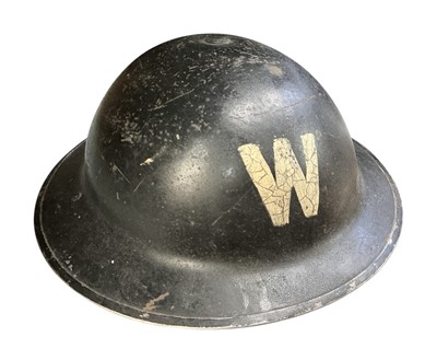 Lot 755 - Second World War British Military MKII Steel Helmet with black painted finish and 'W' (Warden) to front, with chinstrap and liner, dated under brim 1939