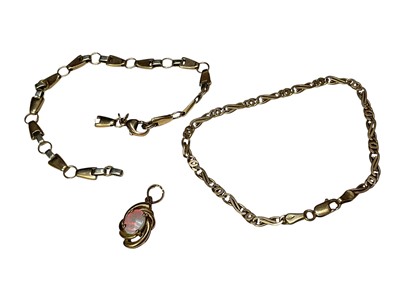 Lot 248 - Two 9ct gold chain bracelets, one broken and 9ct gold mounted opal pendant (3)