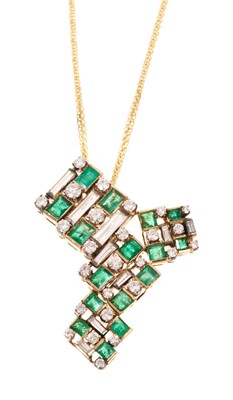 Lot 420 - 1970s emerald and diamond abstract pendant on 18ct gold chain