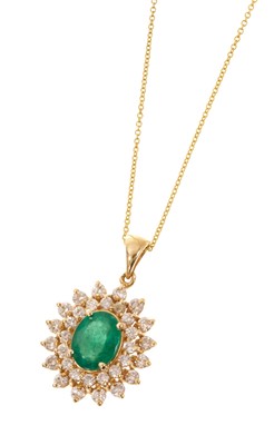 Lot 423 - Emerald and diamond oval cluster pendant in 14ct gold setting on 14ct gold chain