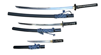 Lot 934 - Set three modern Japanese swords comprising Katana, Wakasashi and Tanto with black lacquered fittings