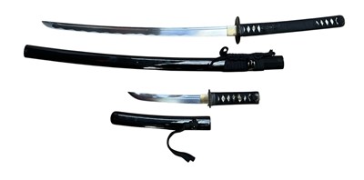 Lot 935 - Set two Modern Japanese swords with forged blades comprising Katana and Tanto with black lacquered fittings (2)