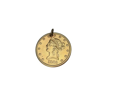 Lot 261 - American gold 10 Dollar coin, dated 1885, mounted as a pendant