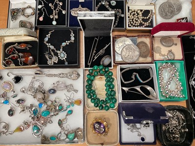 Lot 262 - Collection of silver jewellery, marcasite, moonstone, turquoise and amber mounted jewellery, malachite bead necklace, Victorian gilt metal amethyst and seed pearl brooch, coins and other bijouterie