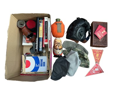 Lot 763 - Collection of Soviet and German militaria to include a leather and sheepskin flying helmet, Russian dolls painted as Soviet leaders, reference books and sundry militaria, (1 box).