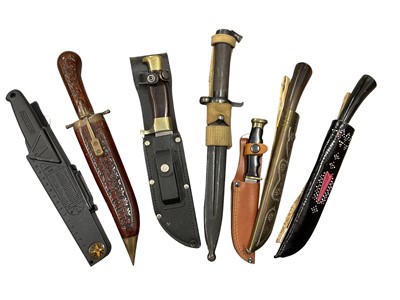 Lot 899 - Swedish Mauser 1896 Pattern bayonet with scabbard and canvas webbing frog, together with a Bowie style knife and various other knifes, (1 box).