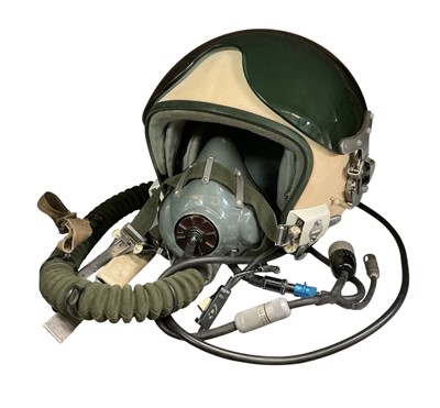 Lot 764 - Cold War era Soviet 'bone dome' type flying helmet with visor and oxygen mask attached.