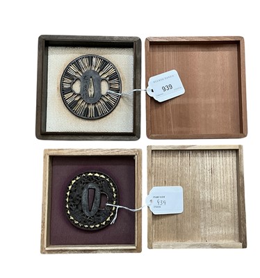 Lot 939 - Two good quality 18th / 19th century Japanese gold and silver decorated iron tsubas , one with arrow fletching decoration, signed 8 x 7.2cm , the other finely pierced with dragons 7 x 6.2cm, both...