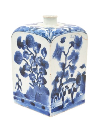 Lot 50 - Japanese late 17th or early 18th century Arita blue and white porcelain flask of tapered square form with rounded shoulders and flared rim, each panel decorated with figures in landscape and flo...