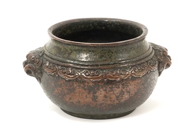 Lot 762 - Chinese bronze censer with lion mask decoration, base with Qianlong mark
