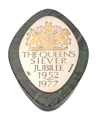 Lot 21 - Asprey, London. A silver mounted green marble desk weight for the Queen's Silver Jubilee 1952-1977, the silver mount impressed “Asprey London” and hallmarked Asprey & Co Ltd. London, 1977. T...
