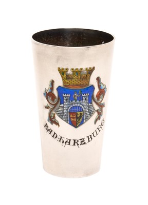 Lot 20 - Good quality late 19th century / early 20th century German silver and enamel beaker of tapered form, with enamelled shield of Bad-Harzburg, impressed marks to base