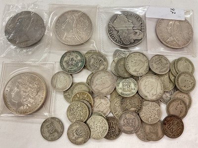 Lot 580 - World - Mixed silver coins to include G.B. Charles II Crown 1677 G-VG, Victoria JH Double Florin 1887 VF, U.S. silver Dollars 1881o GEF-AU, 1882s GEF-AU, G.B. pre 1947 silver (N.B. £1.40 face va...