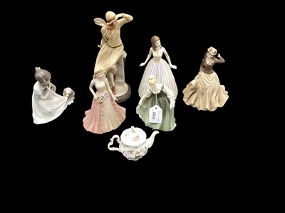 Lot 2332 - Six various figures including Royal Doulton, Coalport and Nao, together with a Brambly Hedge miniature teapot (7)