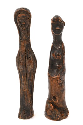 Lot 767 - Two unusual folk art or tribal carved wood figures, possibly dolls or charms