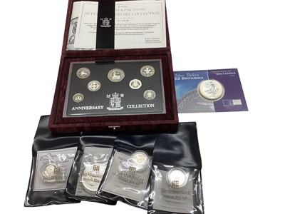Lot 588 - G.B. - Mixed silver coinage to include Royal Mint silver anniversary seven coin year set (N.B. Cased with Certificate of Authenticity), Britannia's 1998, 2000 UNC and Channel Islands silver proo...