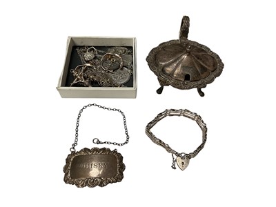 Lot 297 - Group of silver and white metal jewellery, silver whisky label and a 1960s silver mustard pot