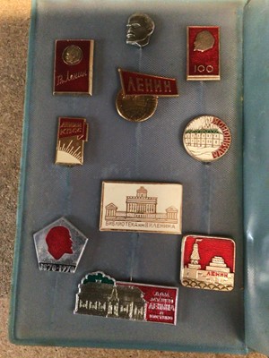 Lot 2977 - Group of Soviet enamel and other pin badges, including Lenin