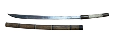 Lot 944 - Late 19th century Burmese Dha sword with shagreen covered hilt, curved blade in brass banded wooden sheath